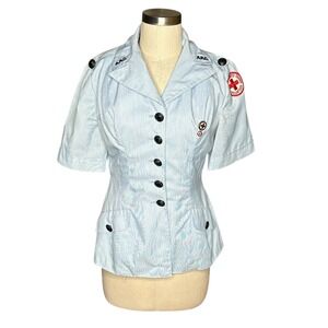 Vintage American Red Cross Volunteer Uniform Shirt Blue Stripe Womens WWII Flaws
